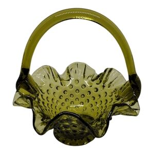 Vintage Fenton Avocado Green‎ Hobnail Ruffled Basket